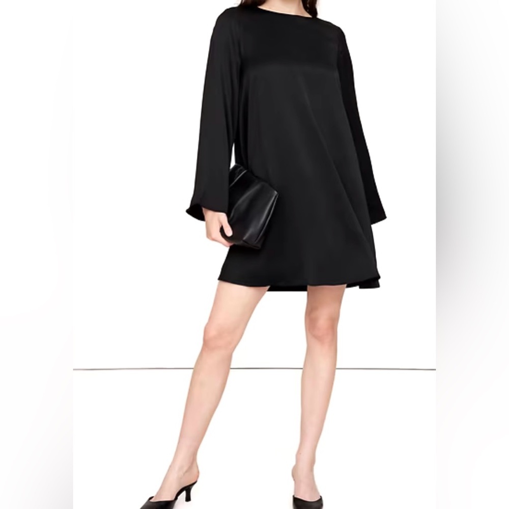 Banana Republic- Black Italian Satin Long Sleeve Mini Dress
